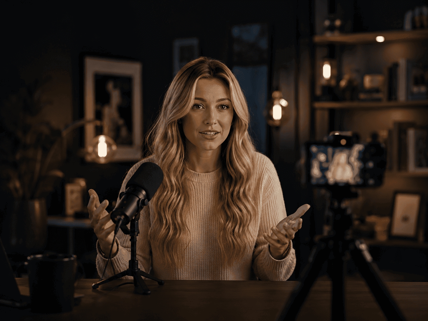 A content creator recording professional video in a studio.